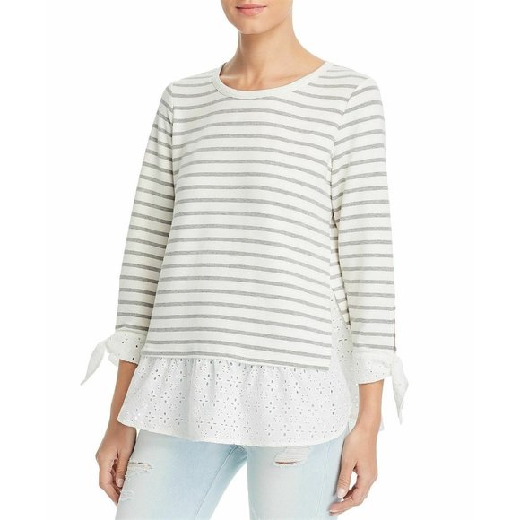 Status by Chenault Ivory Gray Stripe LS Eyelet Top - Picture 1 of 8